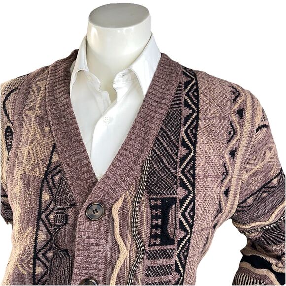 Cotton On Garments Sweater Mens M Brown Coogi Style Cardigan Knit Geometric - Picture 2 of 10